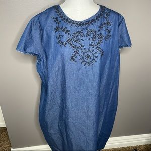 chambray shift dress, black embroidery